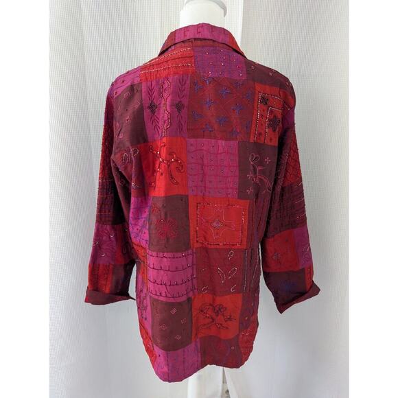 NWOT! CHICO'S! SILK! SHADES OF RED PATCHWORK BEAD/EMBROIDER TOP JACKET! SZ 10/12 - Picture 9 of 10